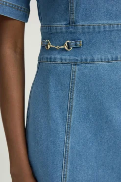 KarenMillen Robe midi en denim stretch avec garniture Snaffle et col<Femme Denim|Robes Mi-Longues