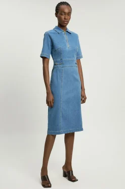KarenMillen Robe midi en denim stretch avec garniture Snaffle et col<Femme Denim|Robes Mi-Longues