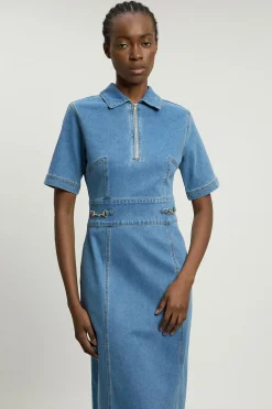 KarenMillen Robe midi en denim stretch avec garniture Snaffle et col<Femme Denim|Robes Mi-Longues