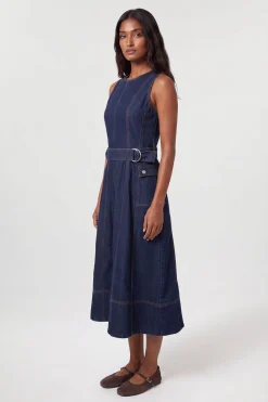 KarenMillen Robe Midi En Denim À Taille Basse Et Jupe Ample<Femme Denim|Robes Mi-Longues
