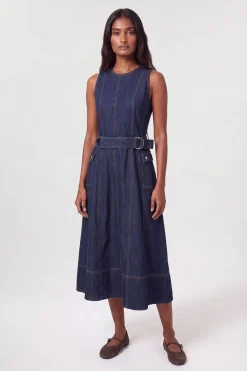KarenMillen Robe Midi En Denim À Taille Basse Et Jupe Ample<Femme Denim|Robes Mi-Longues