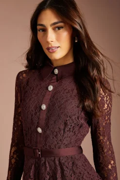 Robe Midi En Dentelle À Basque Ceinturée Et Manches Longues