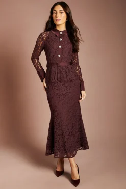 Robe Midi En Dentelle À Basque Ceinturée Et Manches Longues