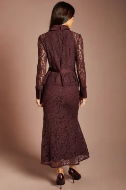 Robe Midi En Dentelle À Basque Ceinturée Et Manches Longues