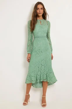 Robe Midi En Dentelle À Col Montant Avec Volants