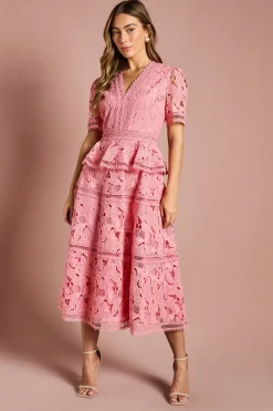 Robe Midi en Dentelle à Col V et Taille Péplum Étagée