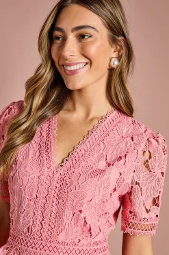 Robe Midi en Dentelle à Col V et Taille Péplum Étagée