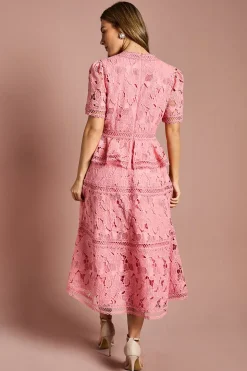 Robe Midi en Dentelle à Col V et Taille Péplum Étagée