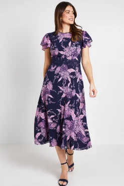 Robe Midi En Dentelle Florale À Manches Volantées