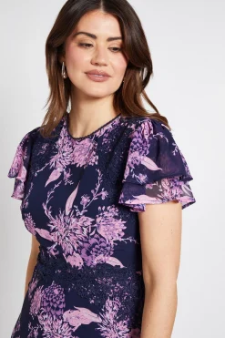 Robe Midi En Dentelle Florale À Manches Volantées