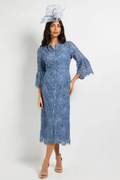 Robe Midi en Dentelle à Manches Évasées avec Boutons