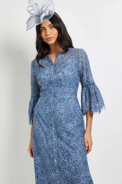 Robe Midi en Dentelle à Manches Évasées avec Boutons