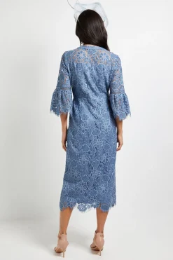 Robe Midi en Dentelle à Manches Évasées avec Boutons