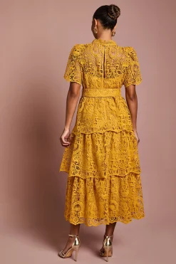 Robe Midi en Dentelle à Manches Courtes et Col V Étagée Petite