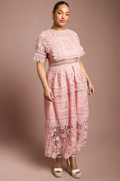 Robe Midi en Dentelle à Manches Courtes Plus