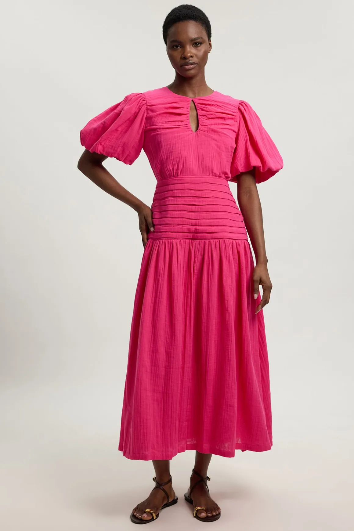 Robe Midi En Double Tissu À Manches Ballon