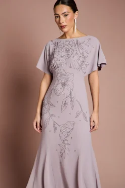 Robe Midi En Georgette À Manches Chauve-souris Ornée De Perles