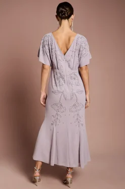Robe Midi En Georgette À Manches Chauve-souris Ornée De Perles