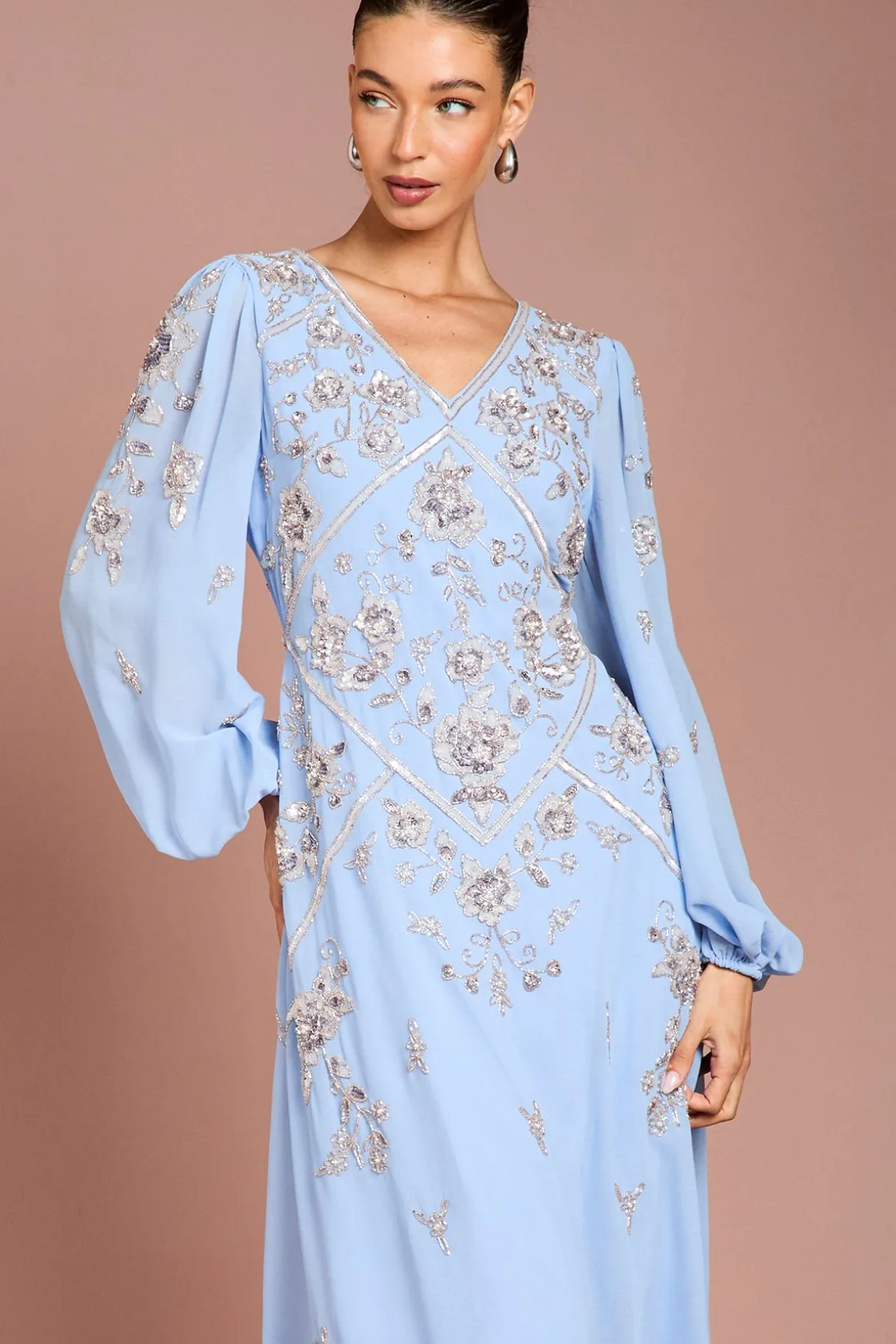 Robe Midi En Georgette Ornée À Manches Longues