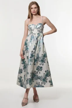 Robe midi en jacquard métallisé avec détail de corsage orné de diamants