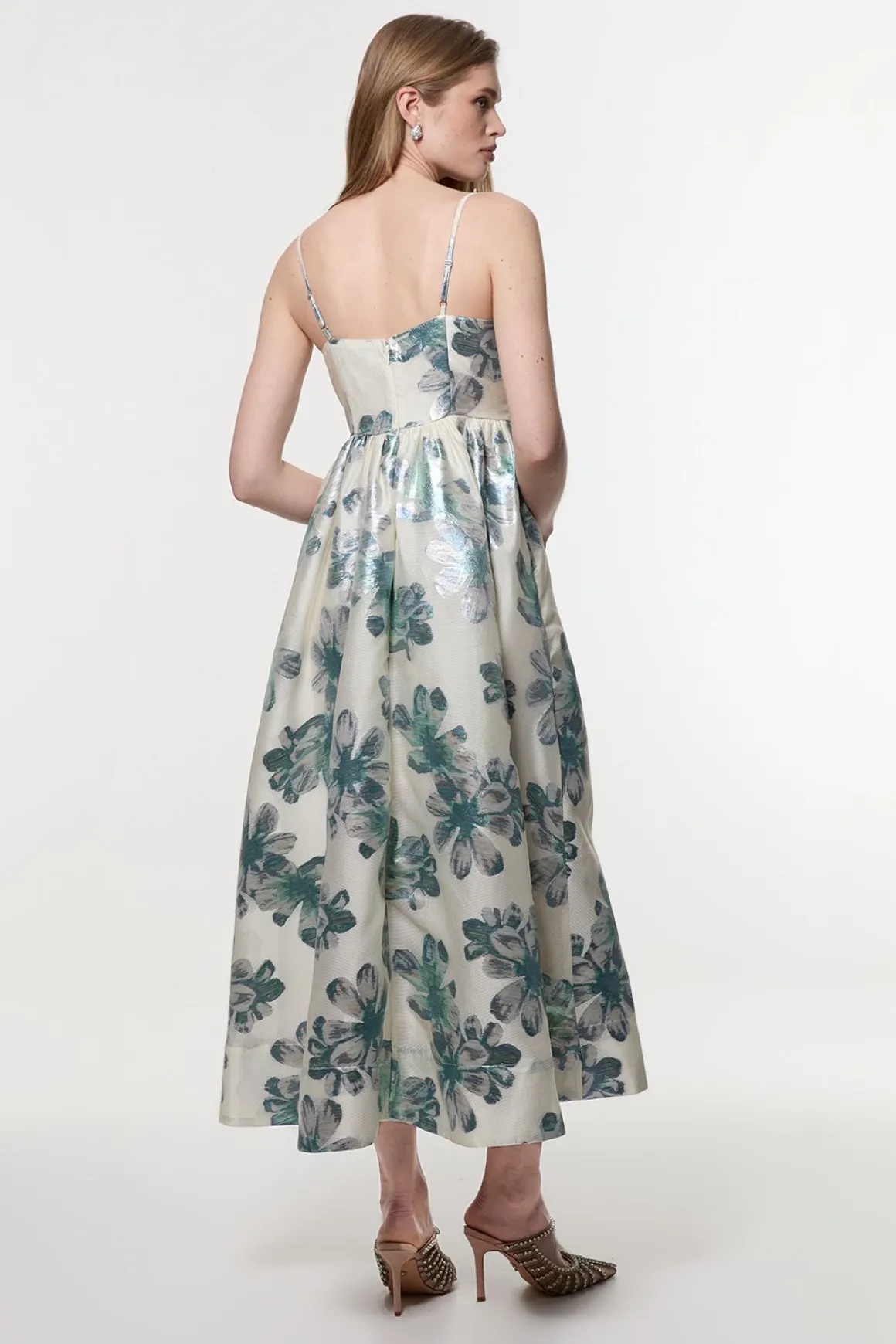 Robe midi en jacquard métallisé avec détail de corsage orné de diamants