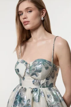 Robe midi en jacquard métallisé avec détail de corsage orné de diamants