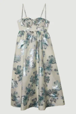 Robe midi en jacquard métallisé avec détail de corsage orné de diamants
