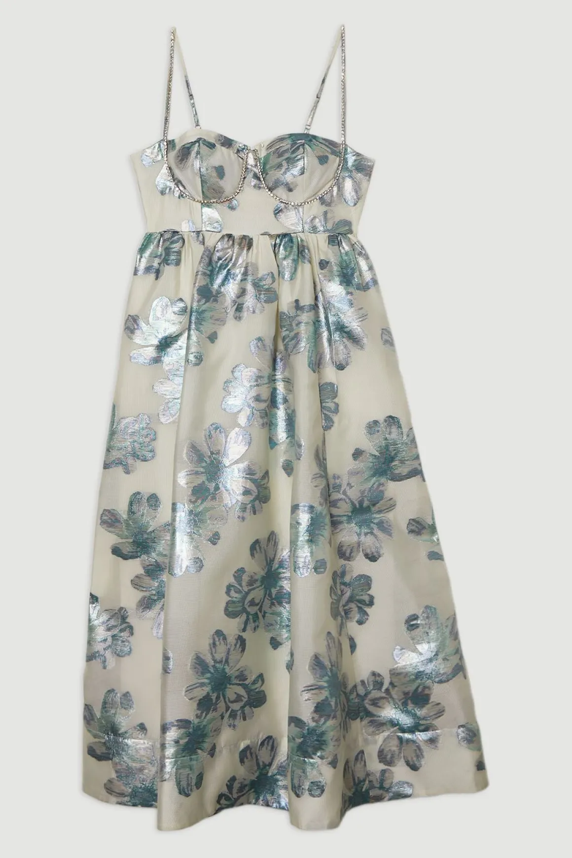 Robe midi en jacquard métallisé avec détail de corsage orné de diamants