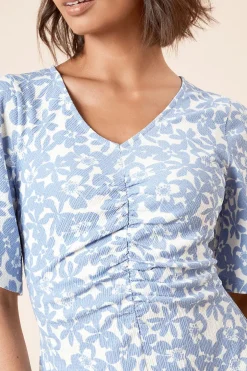 Dorothy Perkins Robe Midi en Jersey Bleue à Motifs Floraux avec Manches Ange et Fronces Devant<Femme Robes|Robes Mi-Longues