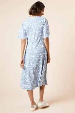 Dorothy Perkins Robe Midi en Jersey Bleue à Motifs Floraux avec Manches Ange et Fronces Devant<Femme Robes|Robes Mi-Longues