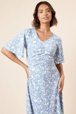 Dorothy Perkins Robe Midi en Jersey Bleue à Motifs Floraux avec Manches Ange et Fronces Devant<Femme Robes|Robes Mi-Longues