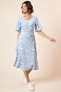 Dorothy Perkins Robe Midi en Jersey Bleue à Motifs Floraux avec Manches Ange et Fronces Devant<Femme Robes|Robes Mi-Longues
