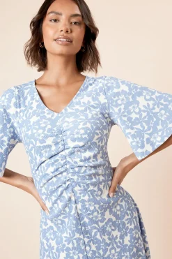 Dorothy Perkins Robe Midi en Jersey Bleue à Motifs Floraux avec Manches Ange et Fronces Devant<Femme Robes|Robes Mi-Longues