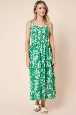 Dorothy Perkins Robe Midi En Jersey À Bretelles Avec Corsage Froncé Imprimé Palmier Vert<Femme Robes|Robes Mi-Longues