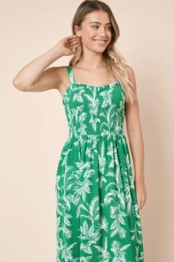 Dorothy Perkins Robe Midi En Jersey À Bretelles Avec Corsage Froncé Imprimé Palmier Vert<Femme Robes|Robes Mi-Longues