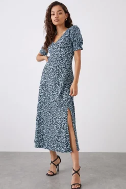 Robe Midi en Jersey à Col V et Imprimé Floral Bleu Petite