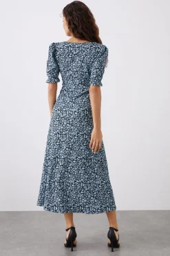 Robe Midi en Jersey à Col V et Imprimé Floral Bleu Petite