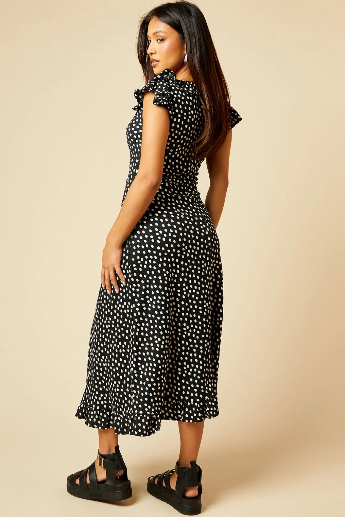 Robe Midi en Jersey à Col Volants et Fronces Devant Petite Taille