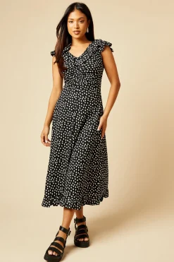Robe Midi en Jersey à Col Volants et Fronces Devant Petite Taille