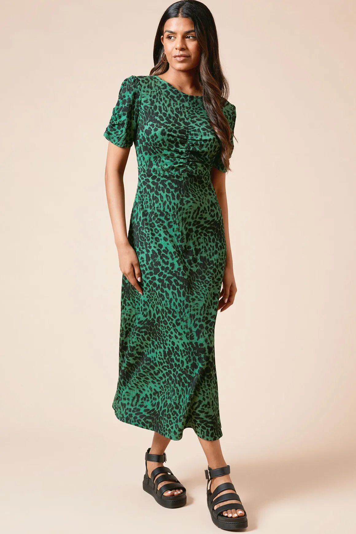 Robe Midi en Jersey à Imprimé Animal avec Manches Froncées Petite