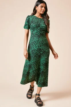 Robe Midi en Jersey à Imprimé Animal avec Manches Froncées Petite