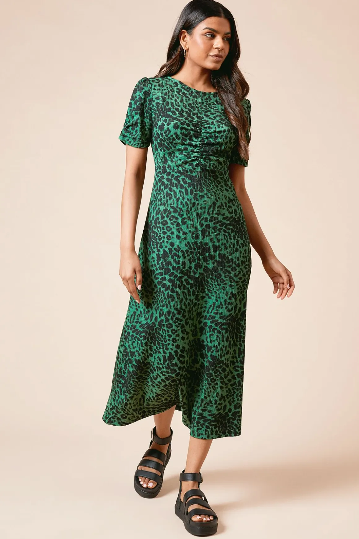 Robe Midi en Jersey à Imprimé Animal avec Manches Froncées Petite