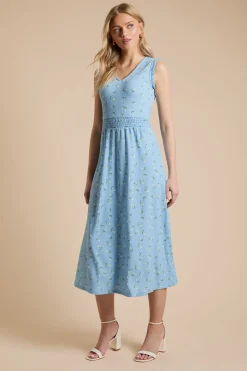 Robe Midi En Jersey Imprimé Bleu À Imprimé Fleuri Ditsy Col V Et Taille Froncée
