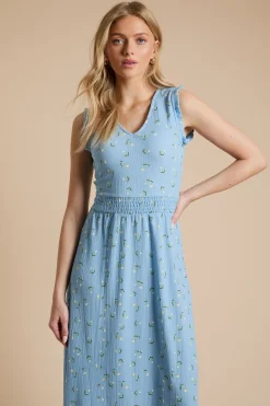 Robe Midi En Jersey Imprimé Bleu À Imprimé Fleuri Ditsy Col V Et Taille Froncée