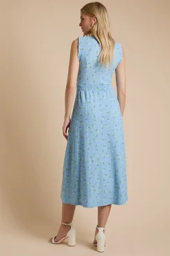 Robe Midi En Jersey Imprimé Bleu À Imprimé Fleuri Ditsy Col V Et Taille Froncée