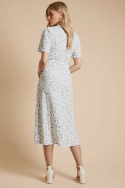 Robe Midi En Jersey Imprimé Crème À Imprimé Fleuri Ditsy Avec Nœud Devant Et Manches Volantées