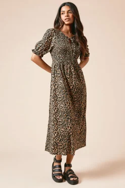 Robe Midi En Jersey À Imprimé Léopard Avec Manches Bouffantes Et Corsage Froncé Petite