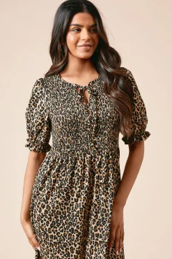 Robe Midi En Jersey À Imprimé Léopard Avec Manches Bouffantes Et Corsage Froncé Petite