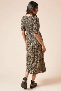 Robe Midi En Jersey À Imprimé Léopard Avec Manches Bouffantes Et Corsage Froncé Petite