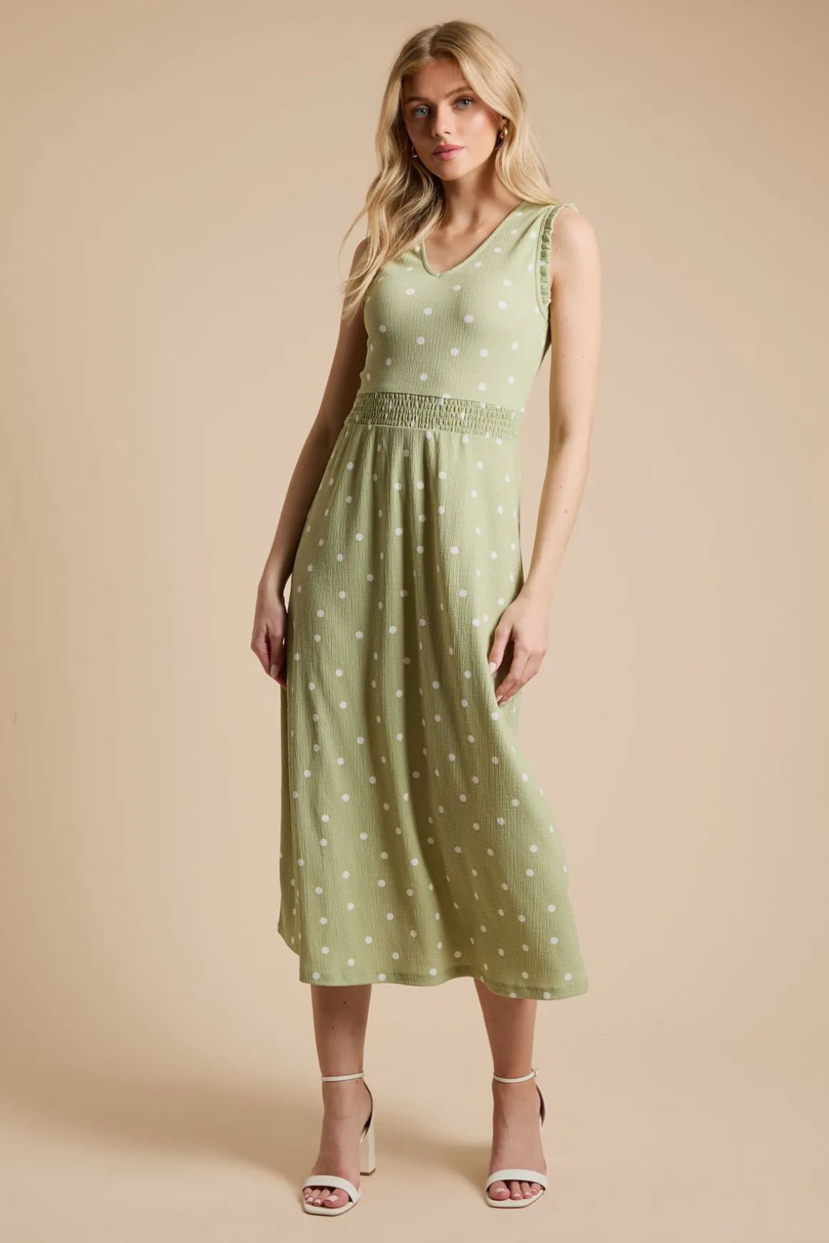 Robe Midi En Jersey Imprimé À Pois Verts Avec Col En V Et Taille Froncée